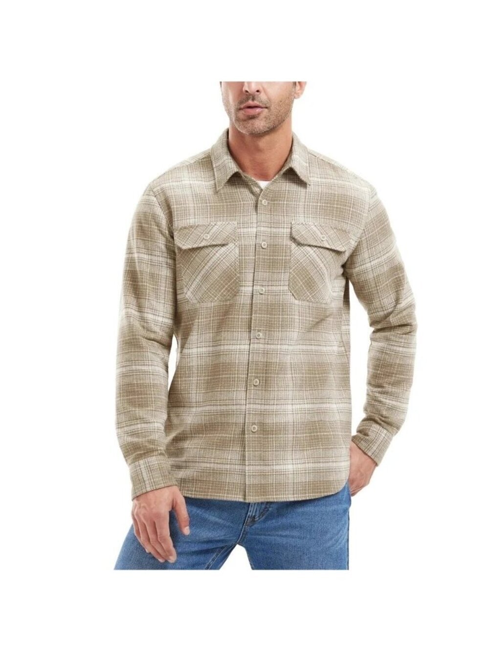 Frye Men's S Plaid Button-Down Shirt Beige & White 100% Cotton Long Sleeve L1584